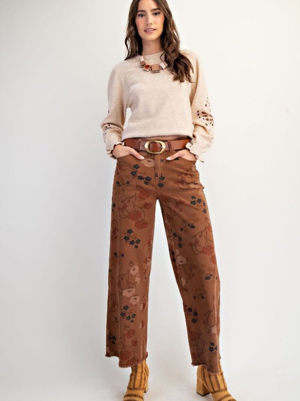 EASEL FLORAL PRINTED WASHED STRETCH TWILL PANTS 75%COTTON 23%POLY 2%SPAN - Picture 2 of 4